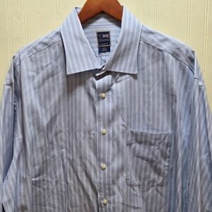 T. Harris Dress Shirt Mens 18 34/35 Blue Stripe Cotton London Long Sleeve